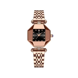 POEDAGAR 368 Luxury Casual Diamond Stainless Fashion Women Quartz Ladies Watch- Rose Gold & Black