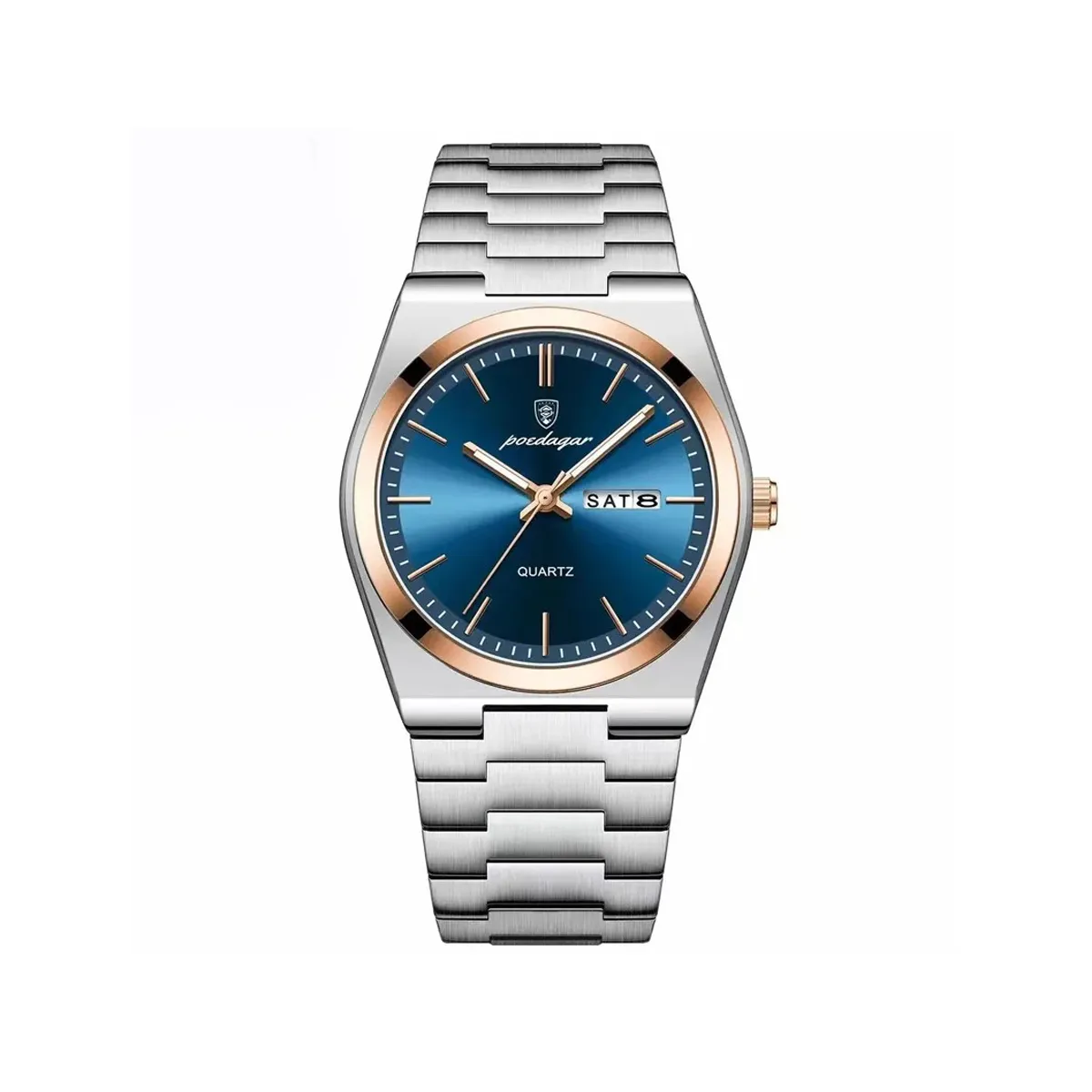 PPOEDAGAR 930 Business Luminous Stainless Steel Quartz Men’s Watch- Silver Blue &  Rose Gold