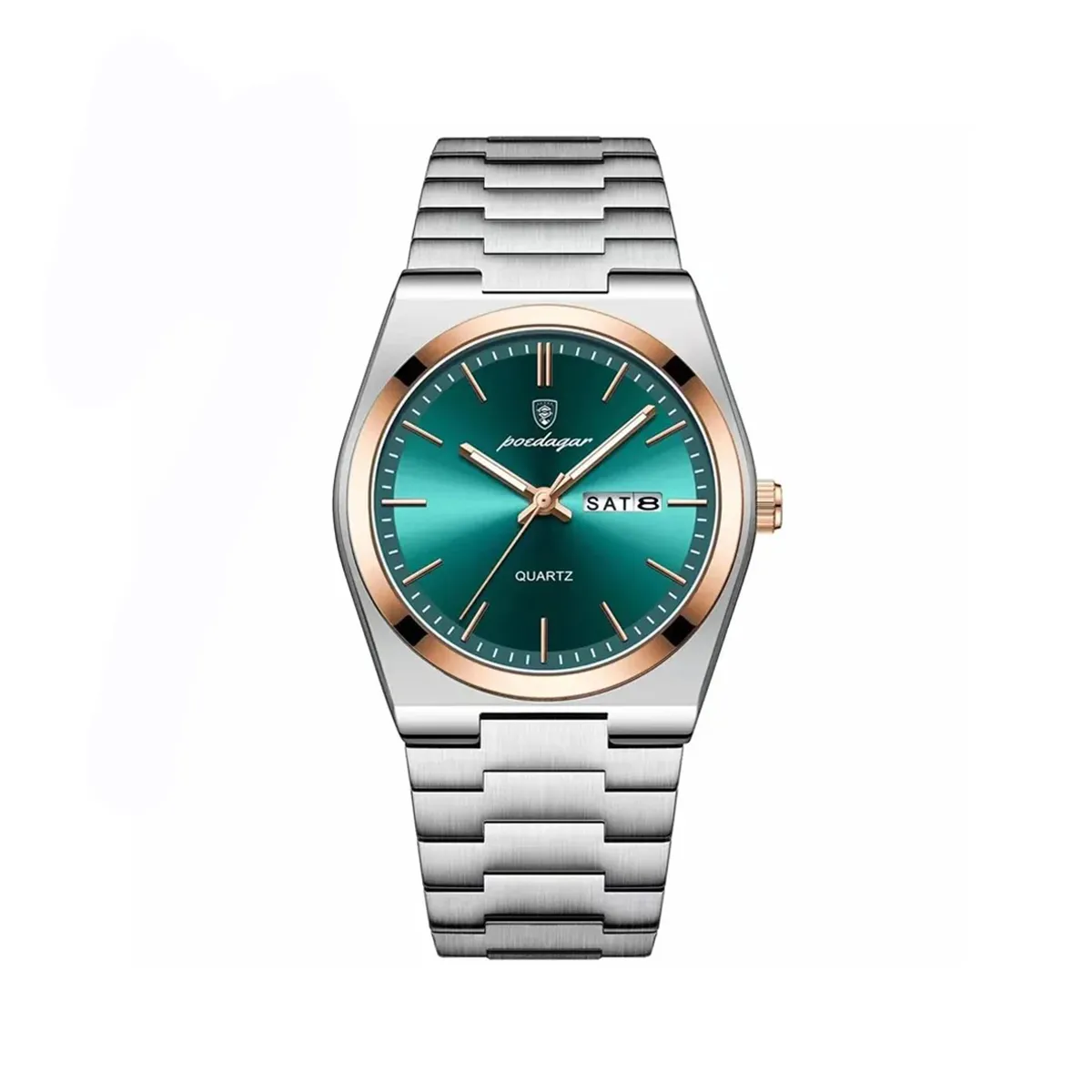 PPOEDAGAR 930 Business Luminous Stainless Steel Quartz Men’s Watch- Silver Green &  Rose Gold