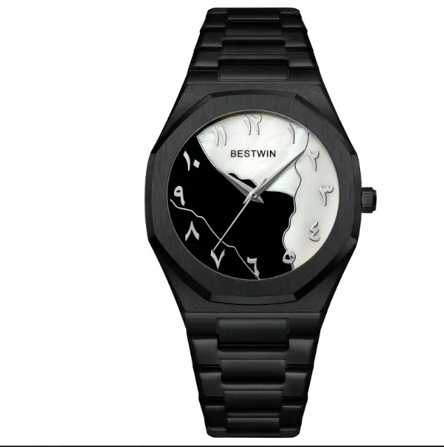 Bestwin BW812 Men's Fashion Arabic Numeral Marble Face Stainless Steel Watch - Black