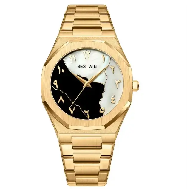 Bestwin BW812 Men's Fashion Arabic Numeral Marble Face Stainless Steel Watch - Golden