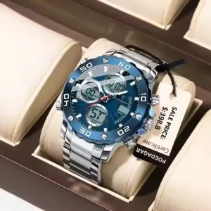 POEDAGAR E102 Quartz Electronic Waterproof Sport Stainless LED Alarm Dual Time Display Digital Watch Silver Blue
