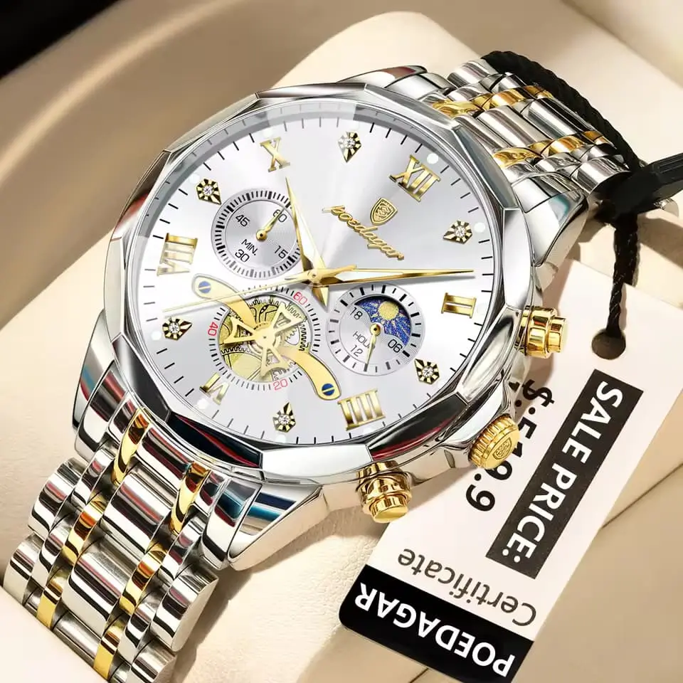 Poedagar 938 Men’s Luxury Stainless Steel Chronograph Quartz Watch Waterproof T. White