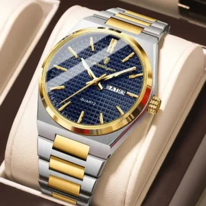 POEDAGAR 874 Business Luxury Waterproof Stainless Steel Men's Watch Golden & Blue