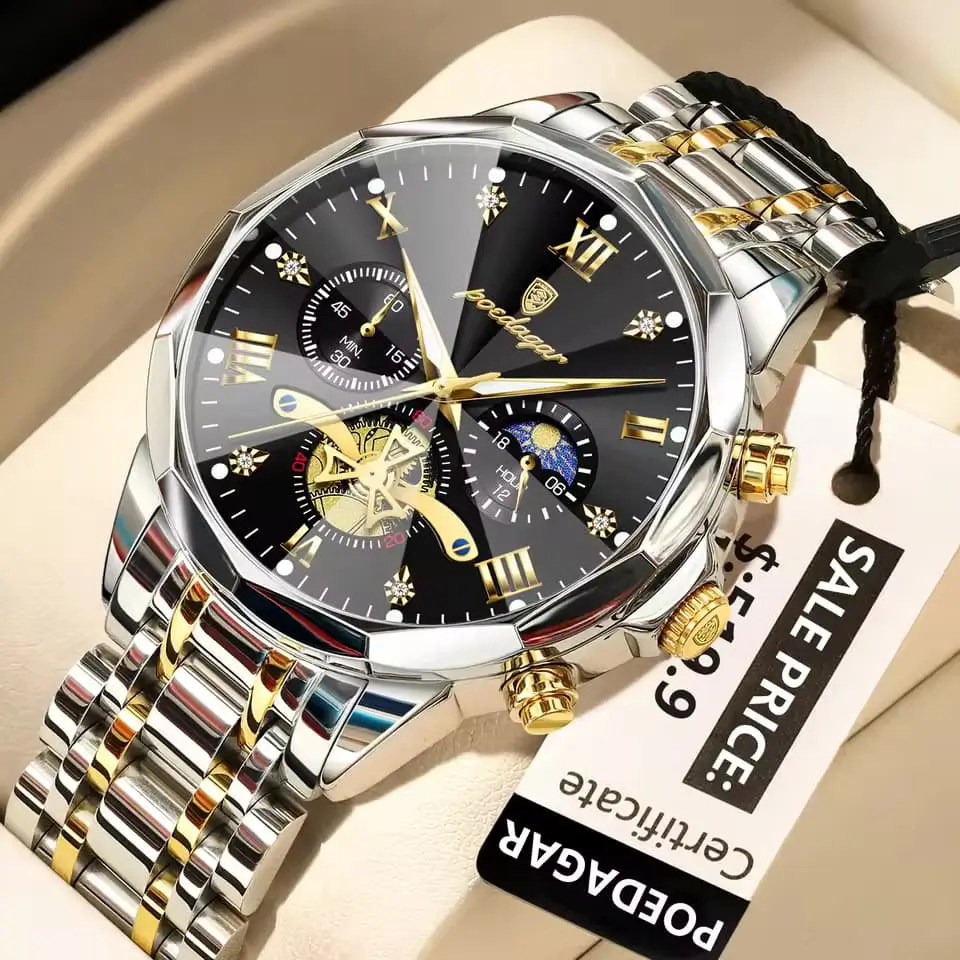 Poedagar 938 Men’s Luxury Stainless Steel Chronograph Quartz Watch Waterproof T. Black