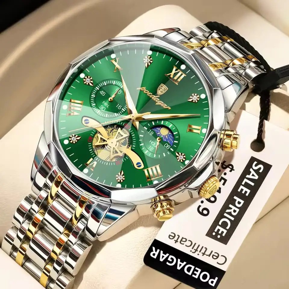Poedagar 938 Men’s Luxury Stainless Steel Chronograph Quartz Watch Waterproof Green
