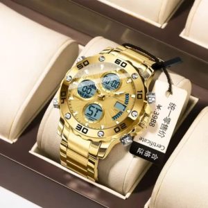 POEDAGAR E102 Quartz Electronic Waterproof Sport Stainless LED Alarm Dual Time Display Digital Watch Gold