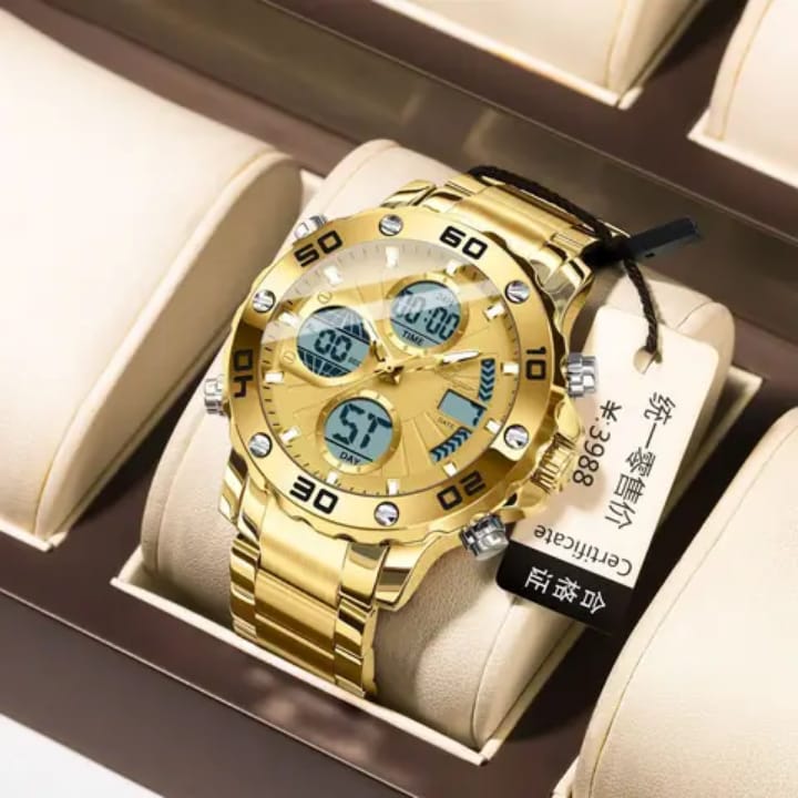 POEDAGAR E102 Quartz Electronic Waterproof Sport Stainless LED Alarm Dual Time Display Digital Watch Gold