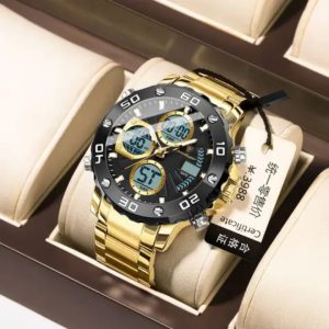 POEDAGAR E102 Quartz Electronic Waterproof Sport Stainless LED Alarm Dual Time Display Digital Watch Gold Black