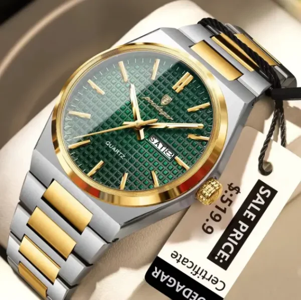 POEDAGAR 874 Business Luxury Waterproof Stainless Steel Men's Watch Golden & Green