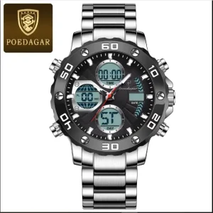 POEDAGAR E102 Quartz Electronic Waterproof Sport Stainless LED Alarm Dual Time Display Digital Watch Silver Black
