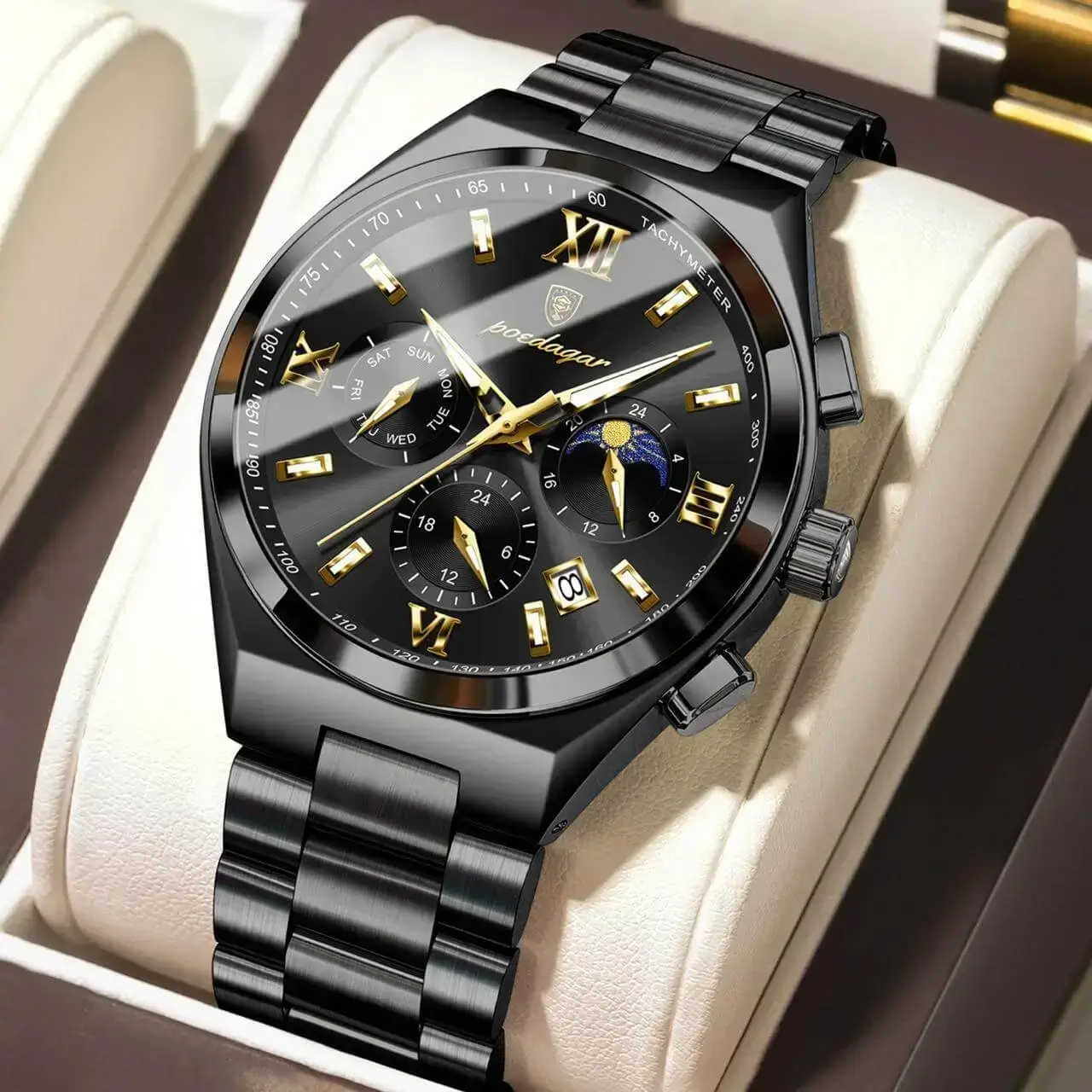 POEDAGAR 688 Luxury Business Man Wristwatch Original Luminous Date Watch Full Black