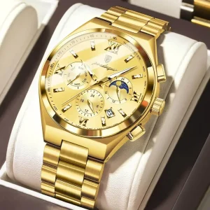POEDAGAR 688 Luxury Business Man Wristwatch Original Luminous Date Watch Golden