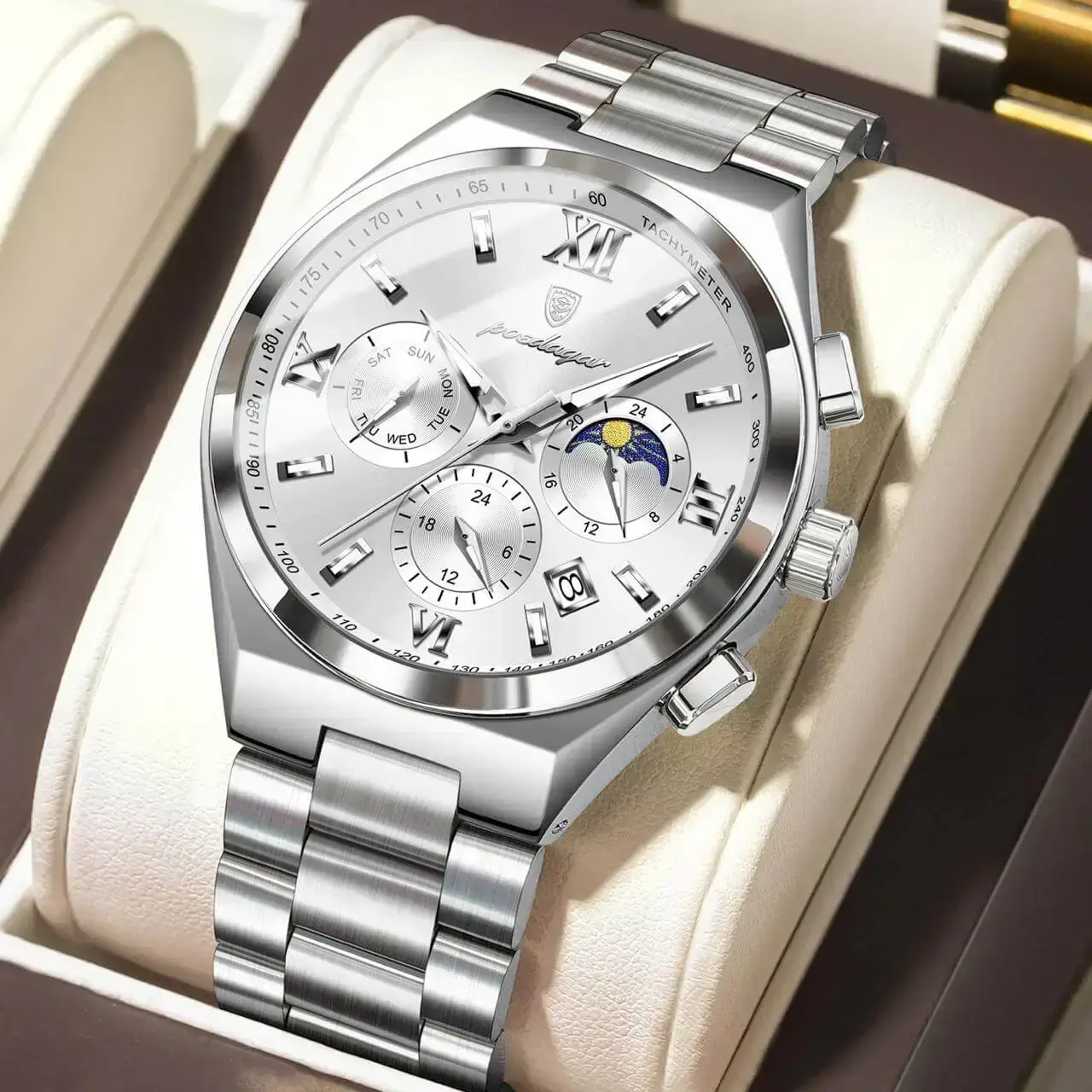 POEDAGAR 688 Luxury Business Man Wristwatch Original Luminous Date Watch Silver