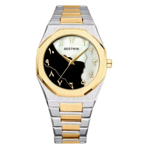 Bestwin BW812 Men's Fashion Arabic Numeral Marble Face Stainless Steel Watch - Silver & Golden