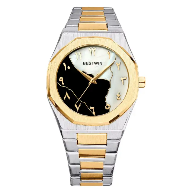 Bestwin BW812 Men's Fashion Arabic Numeral Marble Face Stainless Steel Watch - Silver & Golden
