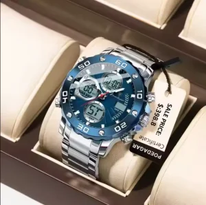 POEDAGAR E102 Quartz Electronic Waterproof Sport Stainless LED Alarm Dual Time Display Digital Watch Silver Blue