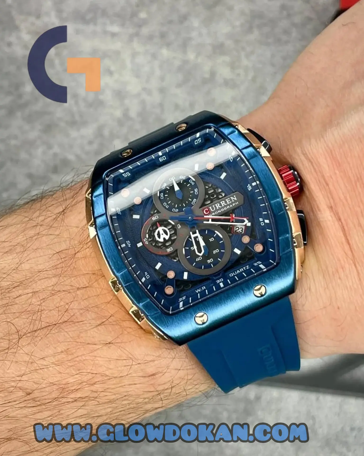 CURREN 8442 Multi-function Chronograph Men Watch Silicone Band Sports Quartz Watches-Rose Gold & Blue - Image 3