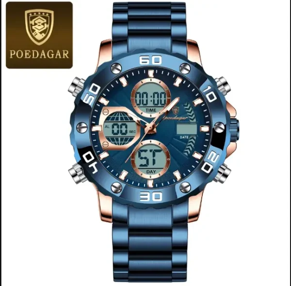POEDAGAR E102 Quartz Electronic Waterproof Sport Stainless LED Alarm Dual Time Display Digital Watch Blue - Image 2