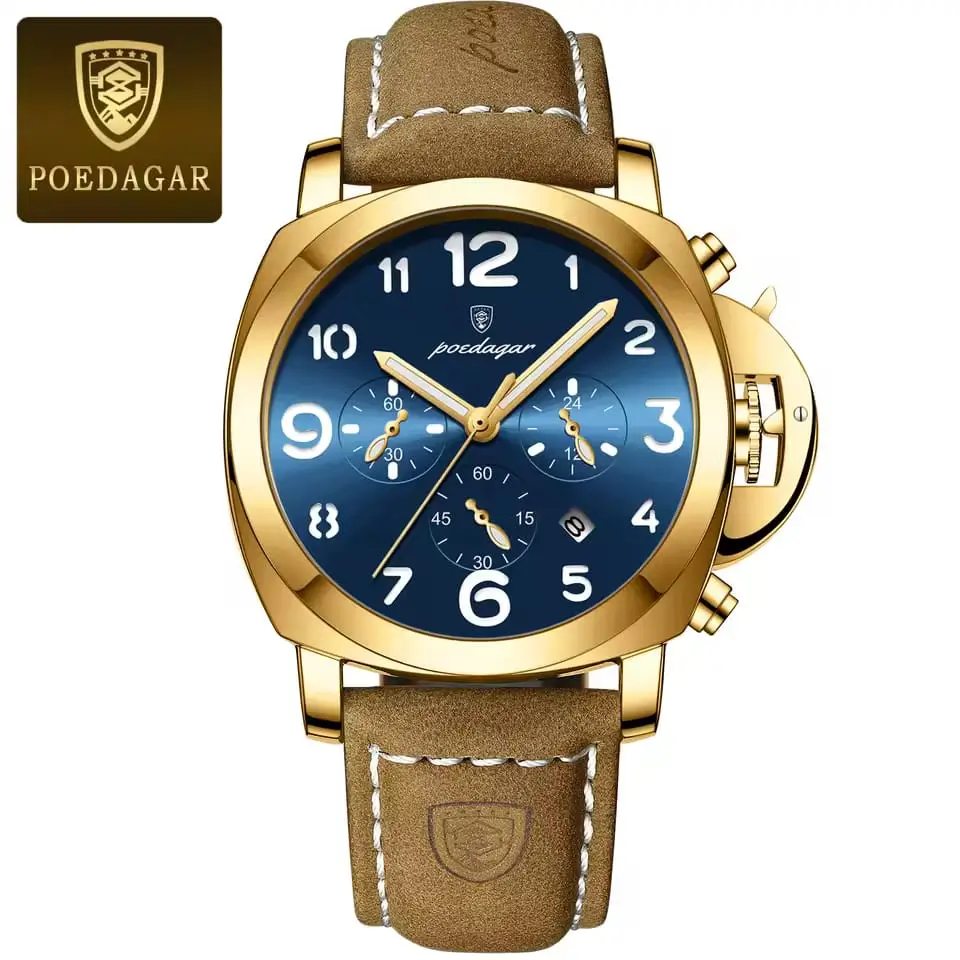 POEDAGAR 859 Luxury Sports Waterproof Luminous Mens Watch Golden & Blue