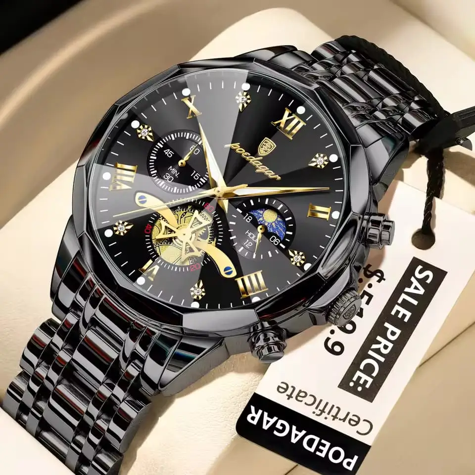 Poedagar 938 Men’s Luxury Stainless Steel Chronograph Quartz Watch Waterproof Full Black