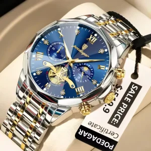 Poedagar 938 Men’s Luxury Stainless Steel Chronograph Quartz Watch Waterproof Blue