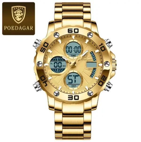 POEDAGAR E102 Quartz Electronic Waterproof Sport Stainless LED Alarm Dual Time Display Digital Watch Gold - Image 2