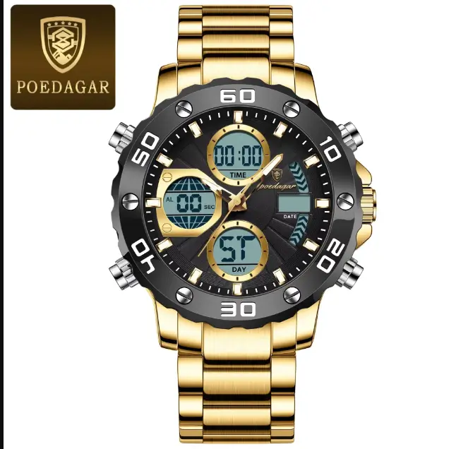 POEDAGAR E102 Quartz Electronic Waterproof Sport Stainless LED Alarm Dual Time Display Digital Watch Gold Black - Image 2
