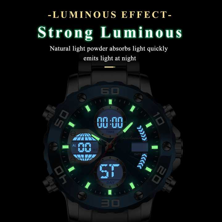 POEDAGAR E102 Quartz Electronic Waterproof Sport Stainless LED Alarm Dual Time Display Digital Watch Gold Black - Image 3