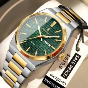 POEDAGAR 874 Business Luxury Waterproof Stainless Steel Men's Watch Golden & Green
