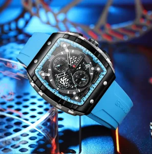 CURREN 8442 Multi-function Chronograph Men Watch Silicone Band Sports Quartz Watches-Black & Blue