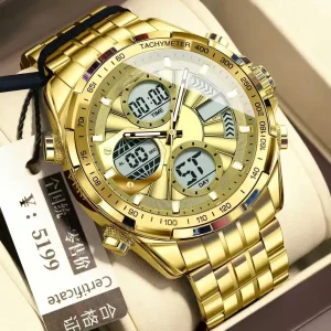 POEDAGAR E108 Quartz Analog LED Digital Men Watch Chronograph Brand 3ATM Waterproof Multi Function Calendar Watches : Full Golden