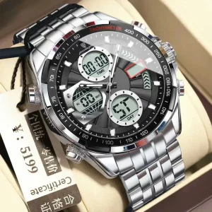 POEDAGAR E108 Quartz Analog LED Digital Men Watch Chronograph Brand 3ATM Waterproof Multi Function Calendar Watches : Silver Black