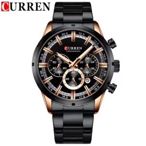 CURREN 8355 New Fashion Watches Stainless Steel Top Luxury Mens Sports Chronograph Quartz Watch Silver Full Black