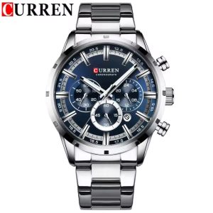 CURREN 8355 New Fashion Watches Stainless Steel Top Luxury Mens Sports Chronograph Quartz Watch Silver Blue