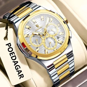 POEDAGAR 834 Luxury Fashion Chronograph Men’s Quartz Watch color : Gold White