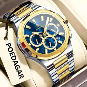 POEDAGAR 834 Luxury Fashion Chronograph Men’s Quartz Watch color : Gold Blue