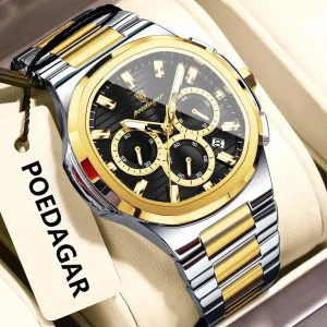 POEDAGAR 834 Luxury Fashion Chronograph Men’s Quartz Watch color : Gold Black