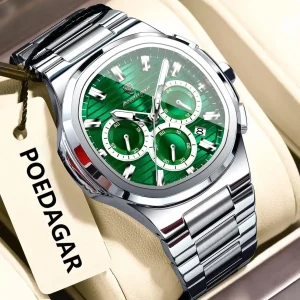 POEDAGAR 834 Luxury Fashion Chronograph Men’s Quartz Watch color : Silver Green