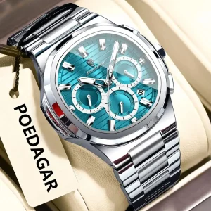 POEDAGAR 834 Luxury Fashion Chronograph Men’s Quartz Watch color : Silver MintBlue