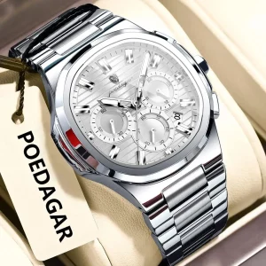 POEDAGAR 834 Luxury Fashion Chronograph Men’s Quartz Watch color : Silver White