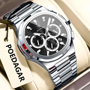 POEDAGAR 834 Luxury Fashion Chronograph Men’s Quartz Watch color : Silver Black