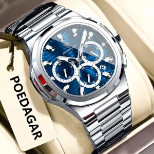 POEDAGAR 834 Luxury Fashion Chronograph Men’s Quartz Watch color : Silver Blue