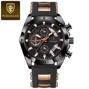 POEDAGAR 913 Luxury Men’s Sports Watch – Waterproof Quartz Chronograph Watch Black & Rose Gold