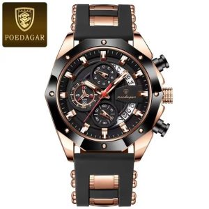 POEDAGAR 913 Luxury Men’s Sports Watch – Waterproof Quartz Chronograph Watch Black / Rose & Rose Gold