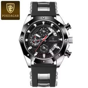 POEDAGAR 913 Luxury Men’s Sports Watch – Waterproof Quartz Chronograph Watch Black / Silver