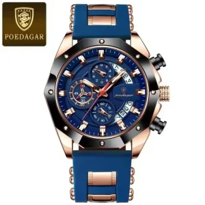 POEDAGAR 913 Luxury Men’s Sports Watch – Waterproof Quartz Chronograph Watch Blue & Rose Gold